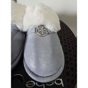 Brand New BEBE Elegant Blue Silver Faux Fur Embellished Slippers 8 NwT